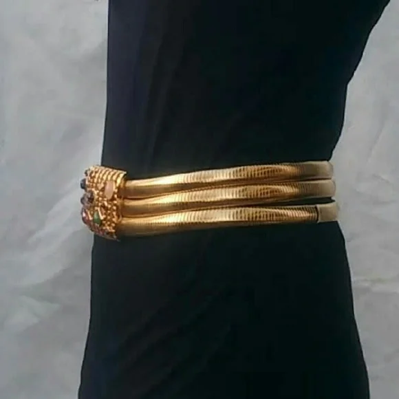 Vintage 70s Gold Stretch Belt w/ Gemstones Buckle - Picture 8 of 11